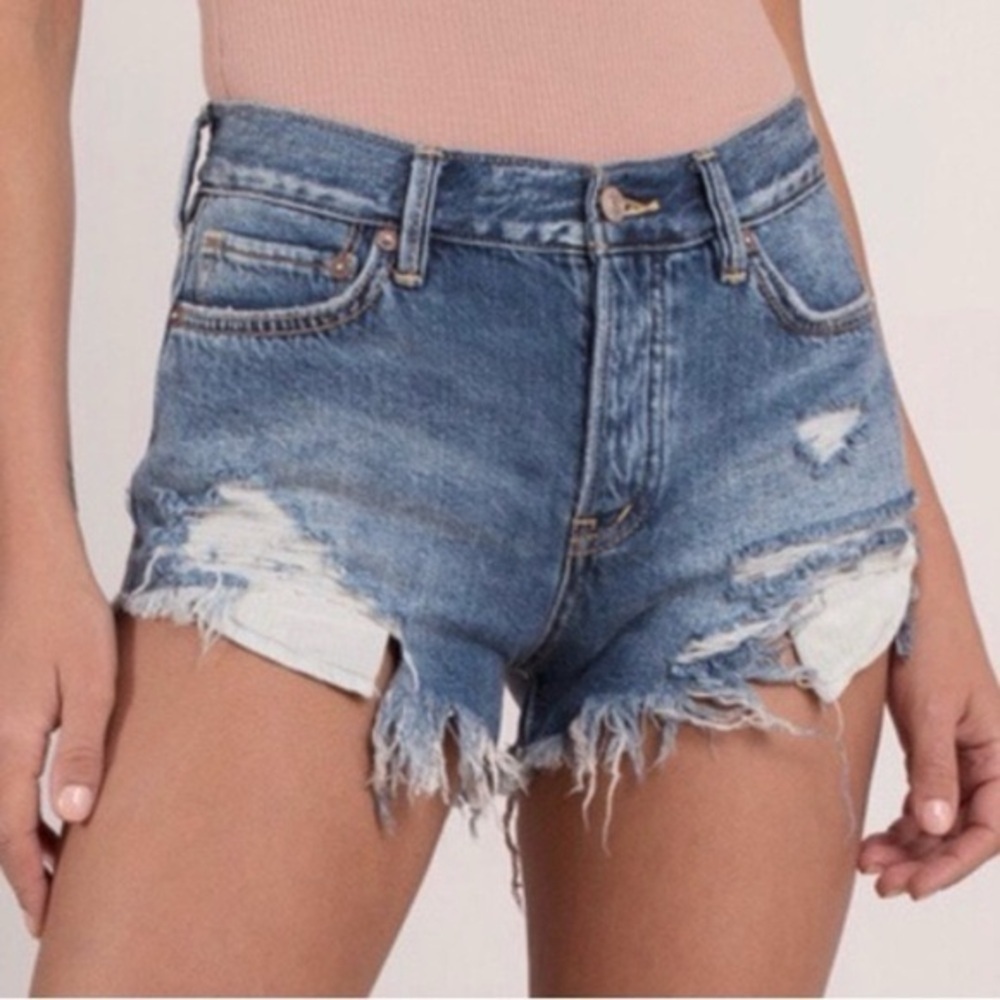 Free People we the free size 26 mid wash denim jean shorts distressed